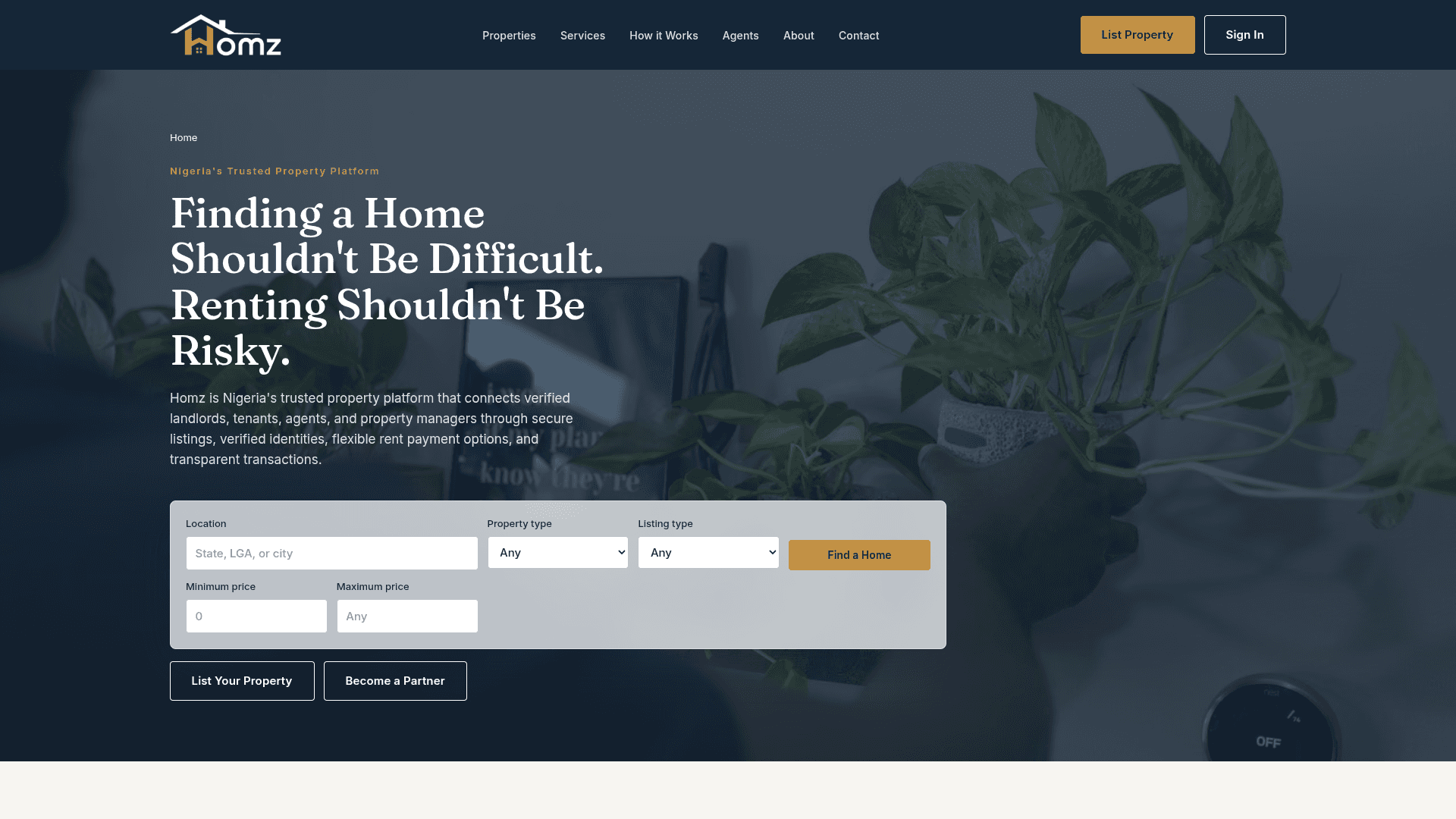 Desktop screenshot of the Homz home page