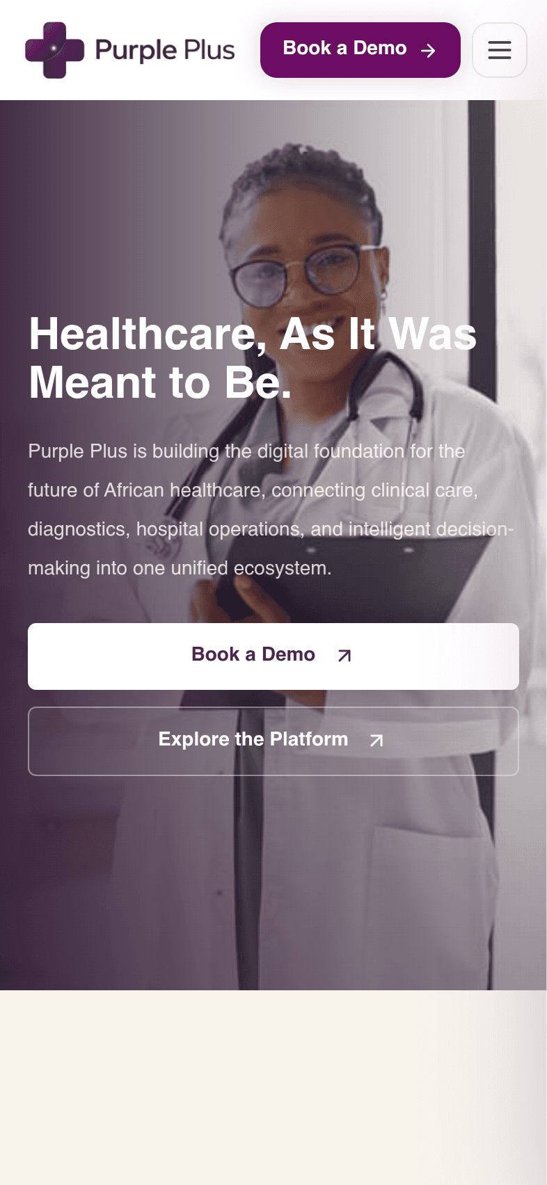 Mobile screenshot of the Purple Plus home page